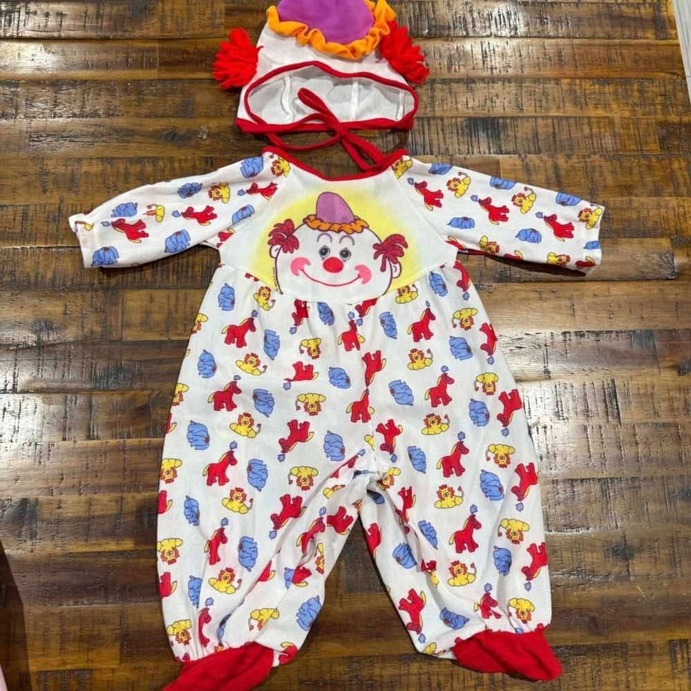 Vintage 1991 Clowncore Kids Costume Circus Animals Jumpsuit & Hat 6-12M